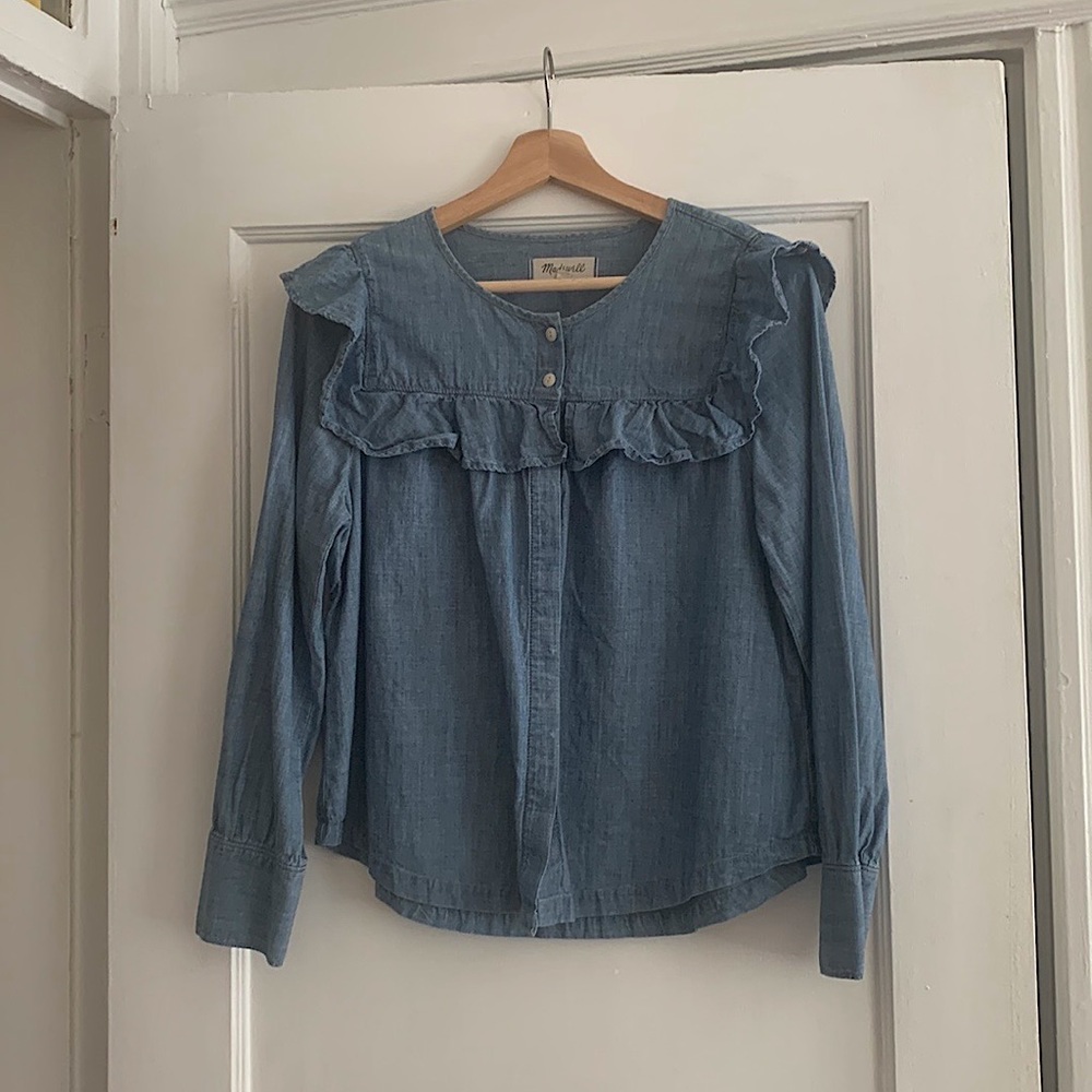 Madewell chambray ruffle yoke top